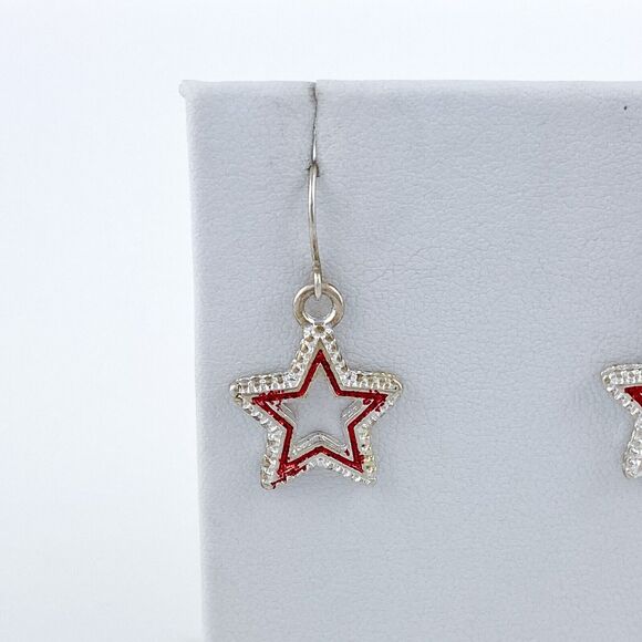 Silver Tone Red Framed Star Dangle Fishhook Earrings - Picture 4 of 9
